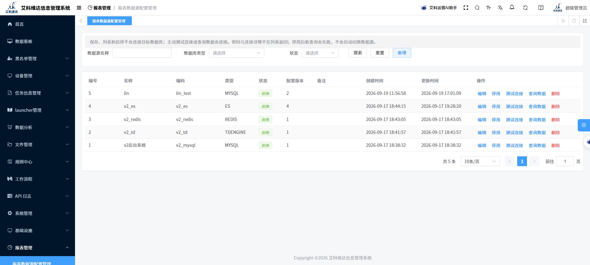数据源列表及新增、测试连接、查询数据入口